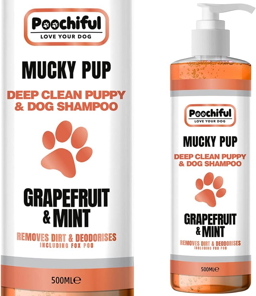 PoochifulMuck Pup Dog Shampoo For Smelly Dogs - 500ml. Formulated for Smelly Dogs & Dogs Who Roll in Fox Poo & other Animal Poo. Our Deep Cleaning Dog Shampoo will get your Smelly Stink Bomb Clean.