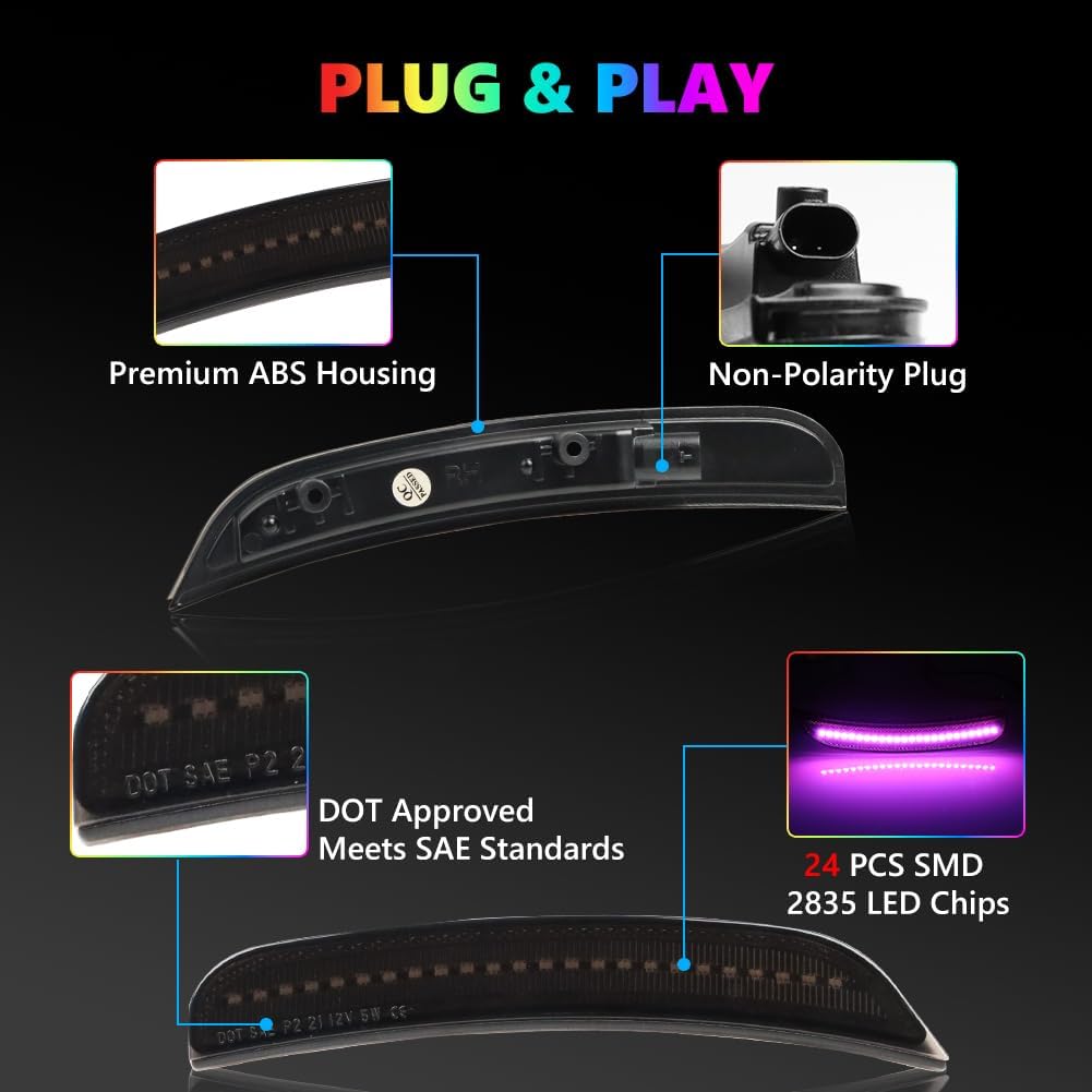 RGB Full LED Side Marker Lights Compatible with 2015-2023 Dodge Charger, [4 Modes 16 Colors] Multi-Color RGB Marker Lamps, Front & Rear Smoked Lens Bumper Assembly with Remote Strobe, 4PCS