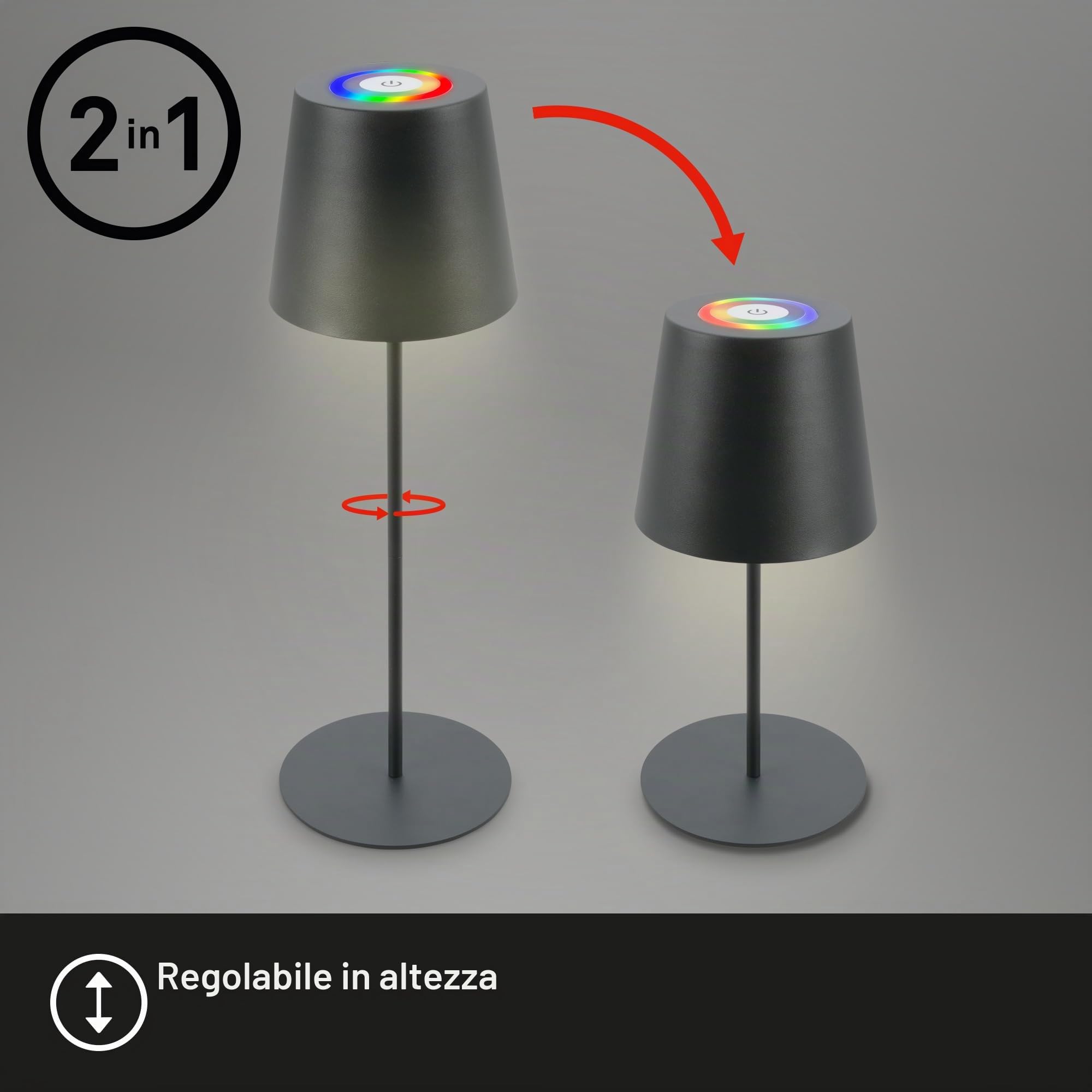 Briloner - Lampada da tavolo LED senza fili con touch, luce RGB+W colorata, regolabile in altezza, lampada da comodino, lampada da lettura, lampada da tavolo, da esterno, 36x10,5 cm, colore antracite