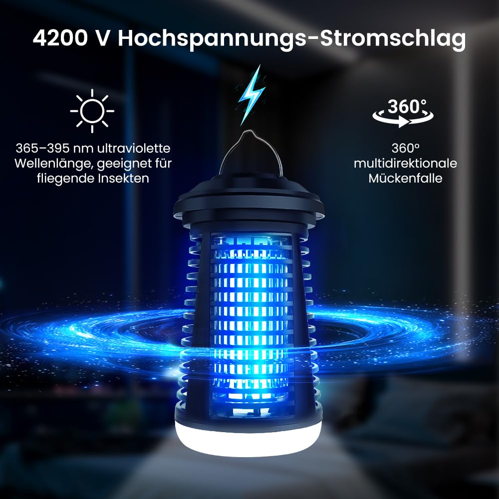 Mückenfalle, 4200V Insektenvernichter Elektrisch, 15W LED Beleuchtbar Mückenlampe - Fliegenfalle Elektrisch IPX4 Wasserdicht für Innen Außen，Anti Mücken, Fliegen
