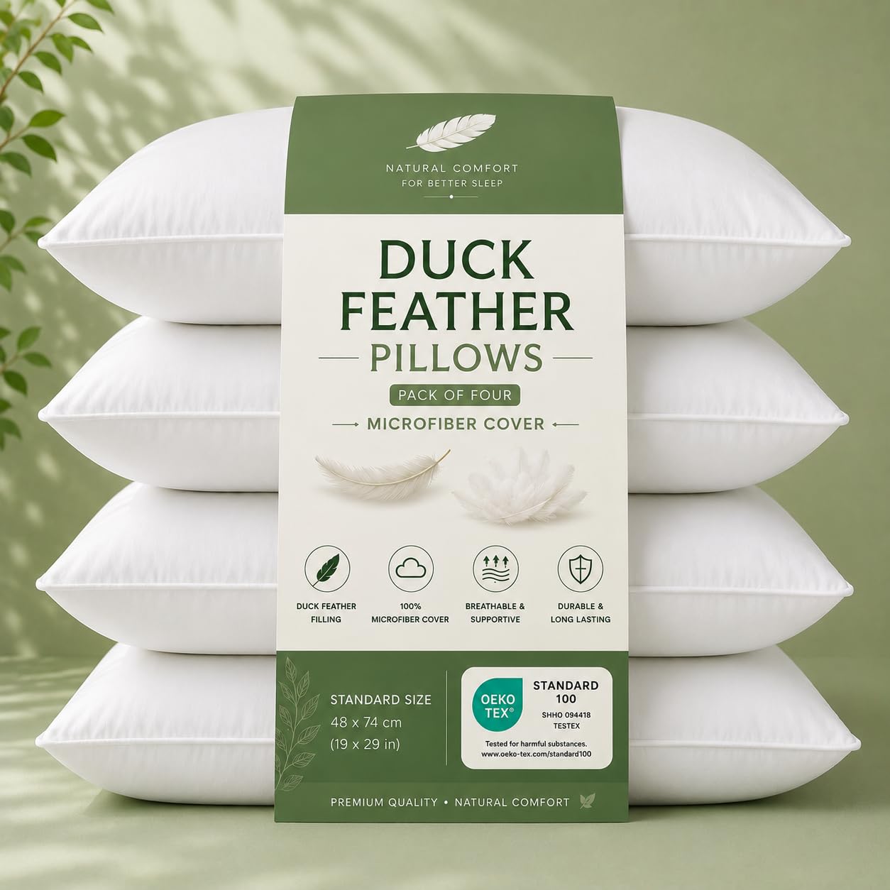 VL 1200gsm Microfiber Duck Feather Pillows Pair Extra Soft Filling Hypo Allergenic Anti Dust Mite Filling 85% Feather 15% Down Pillows Premium Range Side Back Sleepers Bed 48 X 74 cm (Pack of 4)