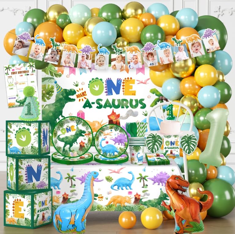 cocomigo 298Pcs One a Saurus Birthday Decorations Serves 25 Guests One-stop Dinosaur 1st Party Pack with Plates Candle Party Hat Backdrop Tablecloth Balloon Arch for 1st Birthday Decorations Boy