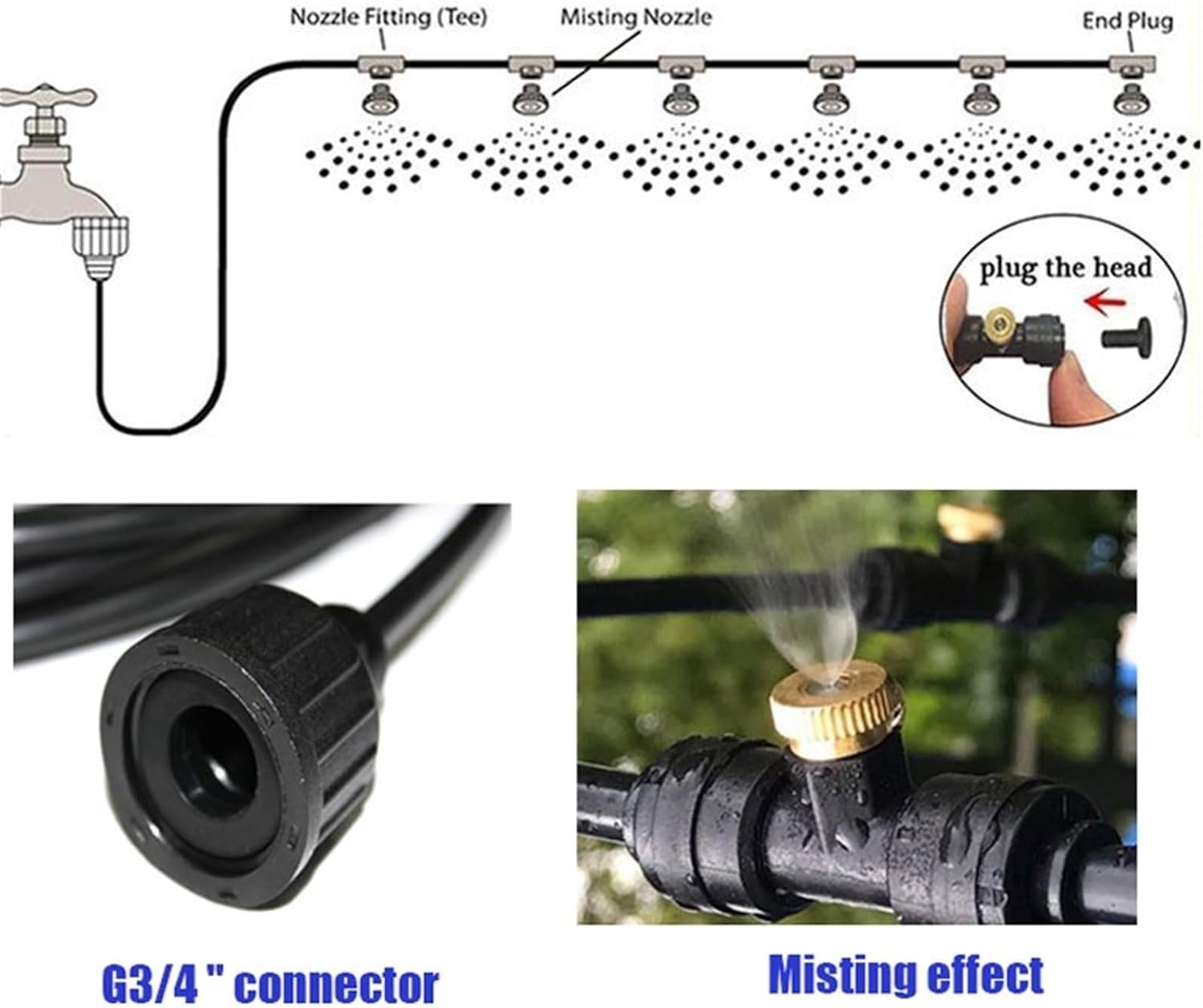 Garden Irrigation Misting Sprinkler System with Pump Misting Cooling System, Fog Cooling Outdoor Mister System for Outside Patio DIY Plant Watering Devices Misting Cooling System ( Color : Black tee ,
