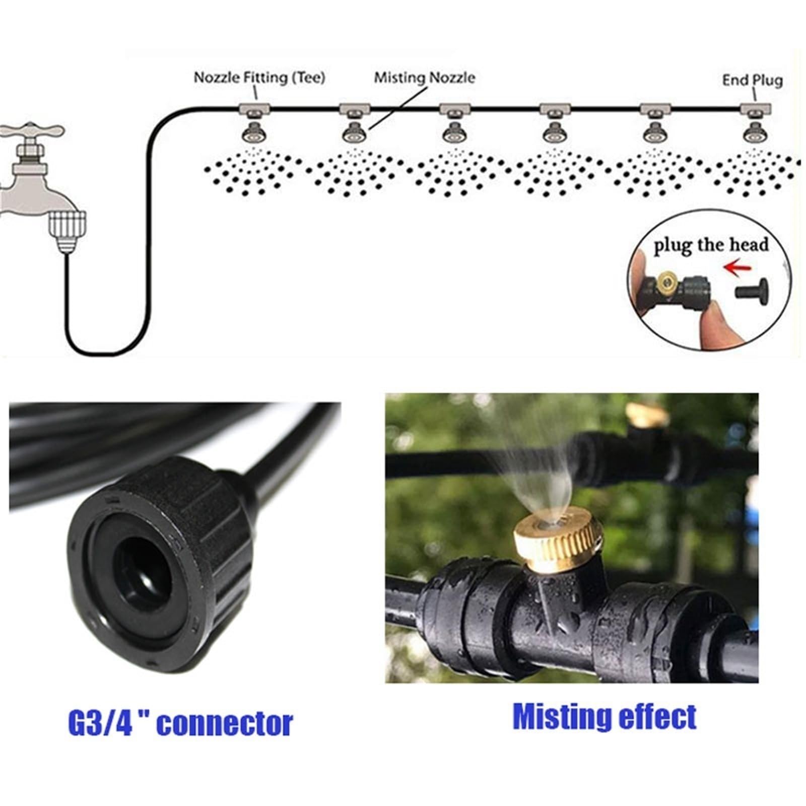 Wassernebel Sprühsystem Con Schlauch und Metalldüsen, Sprühnebel Kühlung Set mit Pumpe, Gartenbewässerungssystem, DIY-Pflanzenbewässerungs-Set (Color : Black Tee, Size : 8M+10 nozzles)