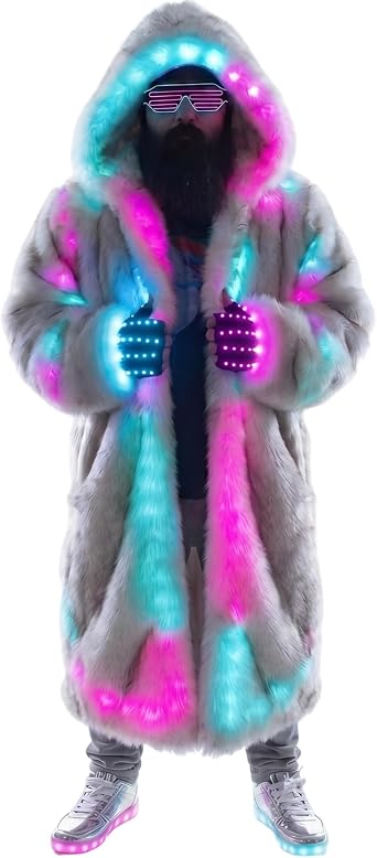 LED Light Up Jacket for Men and Women Lighted Fur Coat with Remote Control for Party Rave Burning Man Festivals