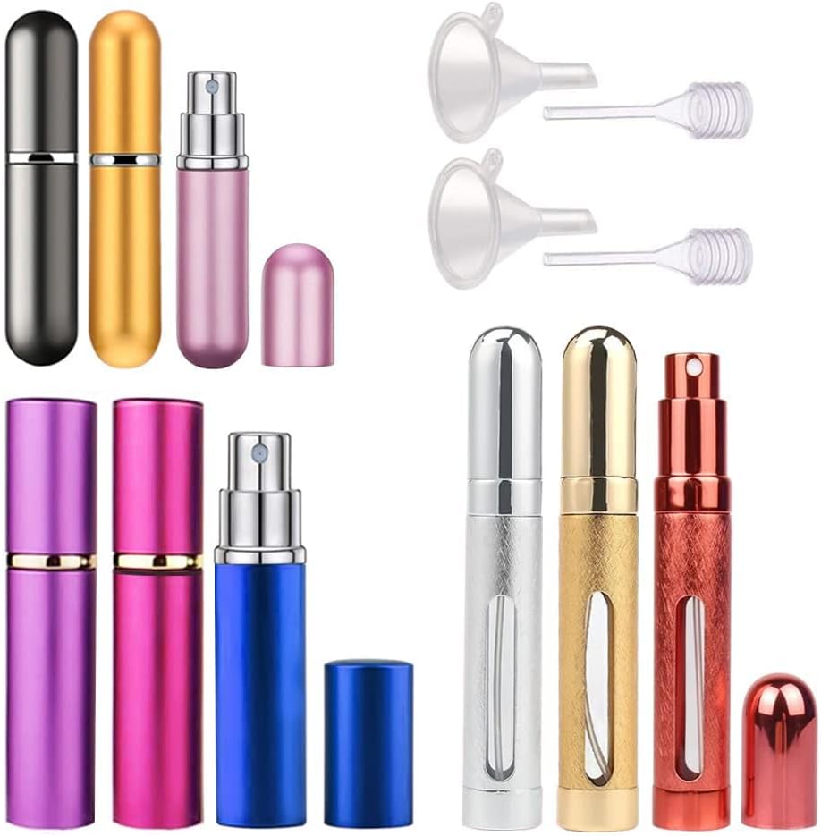 HOSTK 9PCS Portable Mini Refillable Perfume Atomizer Bottle, Scent Pump Case, Empty Spray Bottle with Funnel Pump and Pipette for Travel(5ml 10ml 12ml Three Each, Random Color)