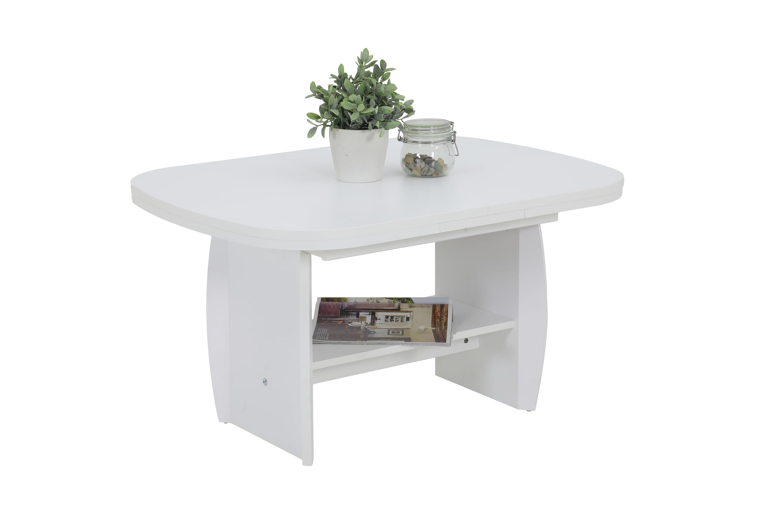 Hela Tische, Funktionscouchtisch Michael, Holzoptik melaminbeschichtet, Dekor Weiß, ausziehbar 90-142cm, höhenverstellbar mit Kurbel 52-62cm