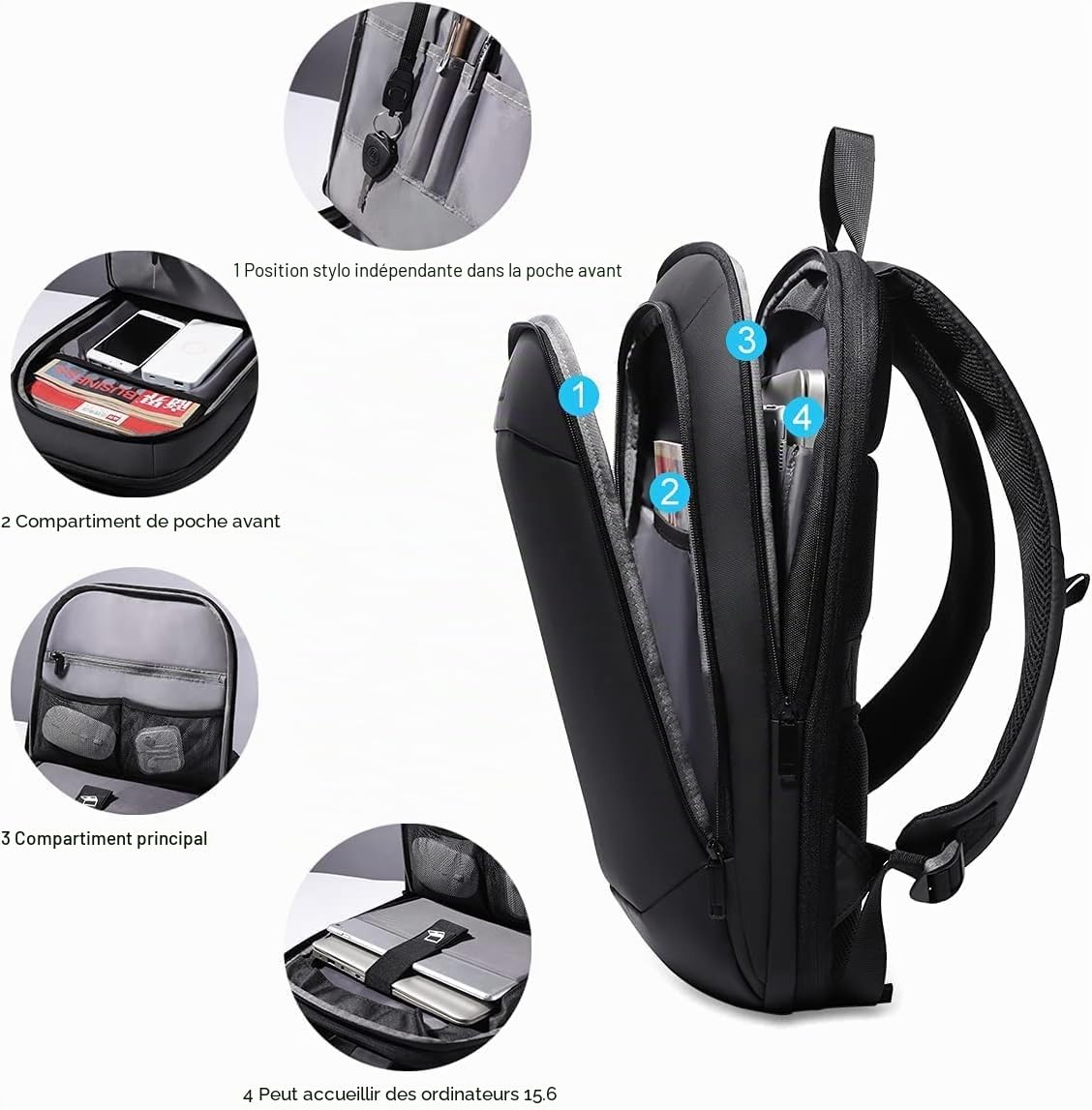 Sac à Dos Ordinateur Portable 15.6 Pouces | Léger et Extensible Antivol Imperméable Fonctionnel pour Homme Elegant pour Loisirs Affaire Scolaire Zips YKK 20L (Noir)