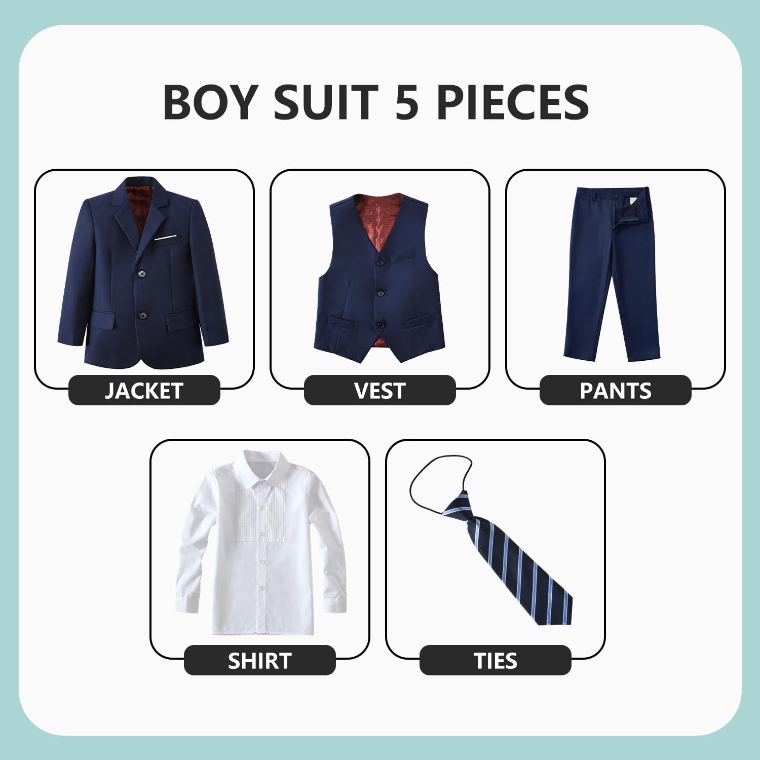 Boys' 5 Piece Formal Suit Set with Suit Jacket, Vest, Pants, Collared Dress Shirt, and Tie - Image 2