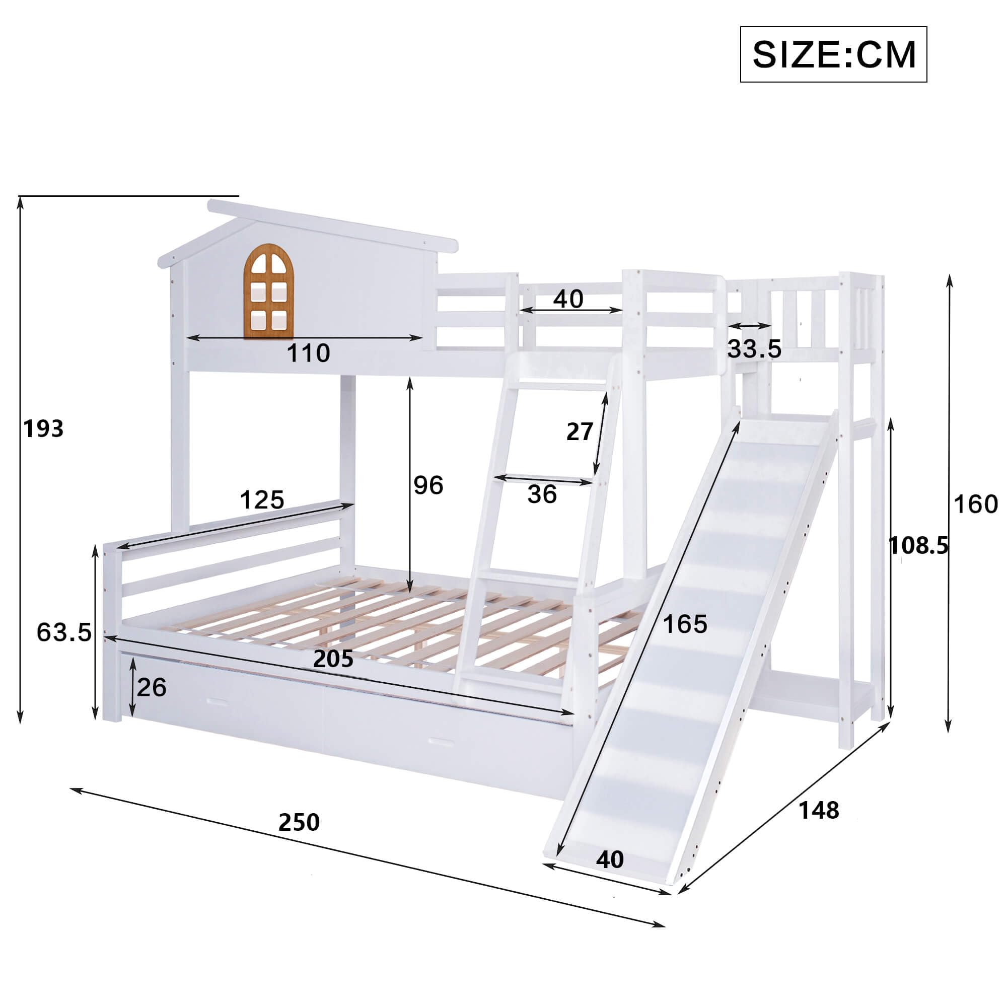Gelukueub - Stapelbed met glijbaan en drietraps hoekladder, bed met valbeveiliging, kinderbed, massief houten frame, wit natuur, 90x200cm ( zonder lade Gelukueub - Stapelbed met glijbaan en drietraps hoekladder, bed met valbeveiliging, kinderbed, massief houten frame, wit natuur, 90x200cm ( zonder lade