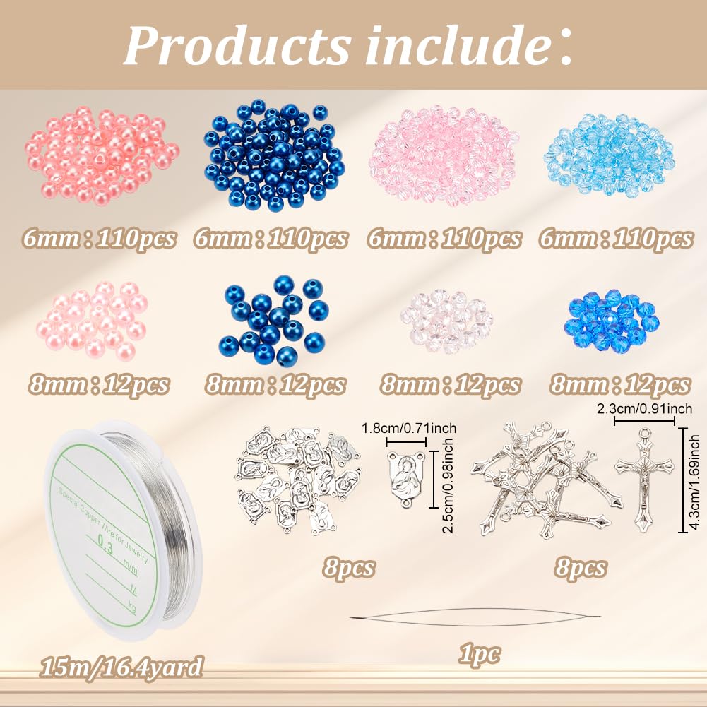 PLIGREAT 8 Sets DIY Rosary Making Kit 504 Pcs Necklace Jewelry Making Set Acrylic Beads Faux Pearls Metal Cross Kit Rosary Prayer Making Supplies for Easter Bracelet Necklace Jewelry Making