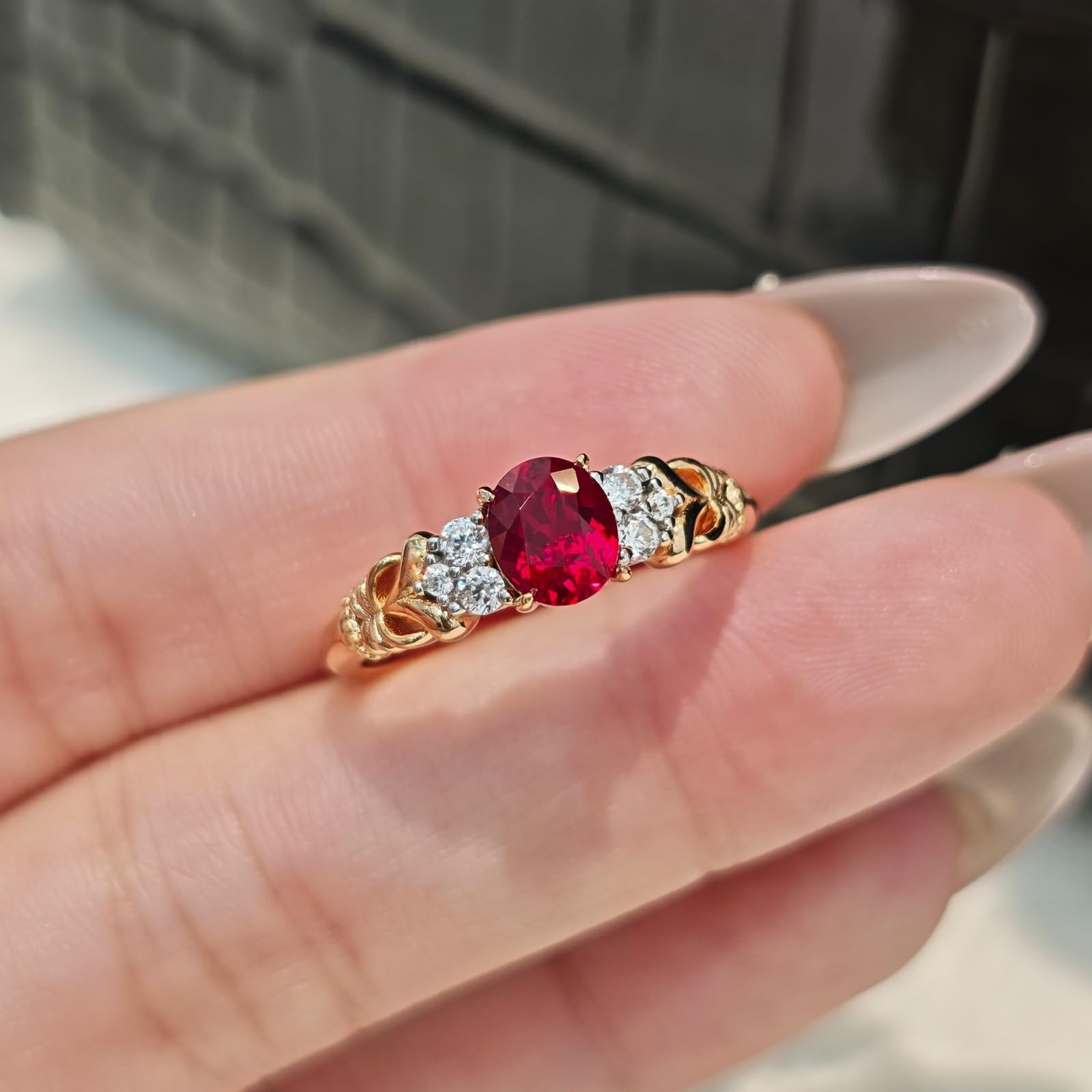 Beydodo Anello di fidanzamento in oro rosa 375 585 750, anelli di nozze in filigrana con rubino ovale da 1,2 ct e moissanite fedi nuziali da donna, misura 49 (15,6)-65 (20,7)