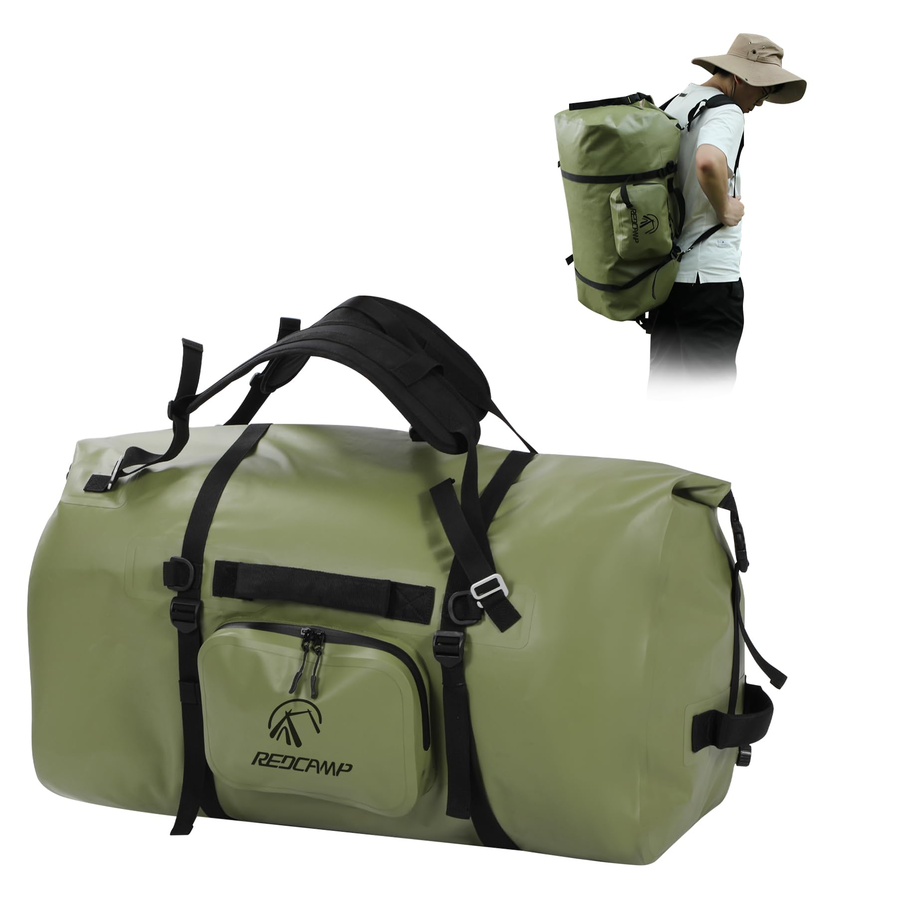 REDCAMP Große wasserdichte Reisetasche, 80L Rolltop Rucksack Dry Bag PVC 500D, Sporttasche mit Schnellbefestigungsgurten für Camping Motorrad Bootfahren Angeln Rafting Kajak Paddeln, Armeegrün