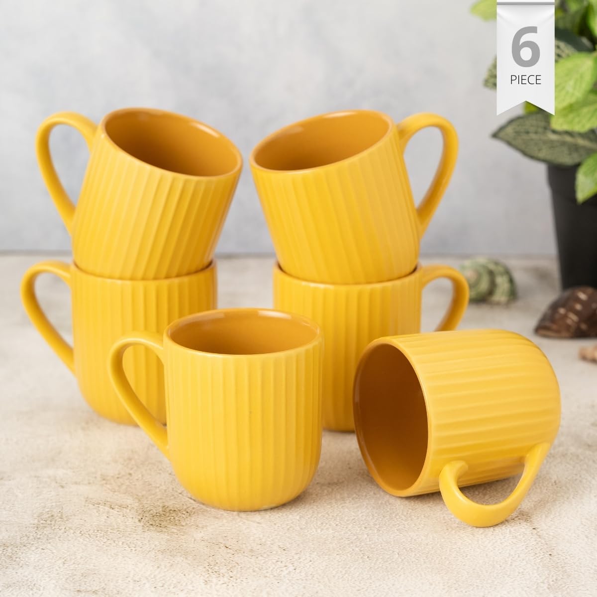 Clay Craft Fine Ceramic Linea Mustard Coffee Mug Set of 6, Cups for Tea & Coffee, Mug Set, Gift Set, Elegant Design for Home and Kitchen and Can Be Gifted to Your Loved Ones On Any Occassions 1