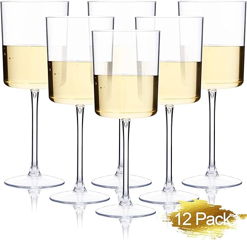 Ciaell Paquete de 12 copas de vino de plástico transparente  Copas de vino desechables de 10 onzas con tallo para fiestas, bodas, piscina, aire
