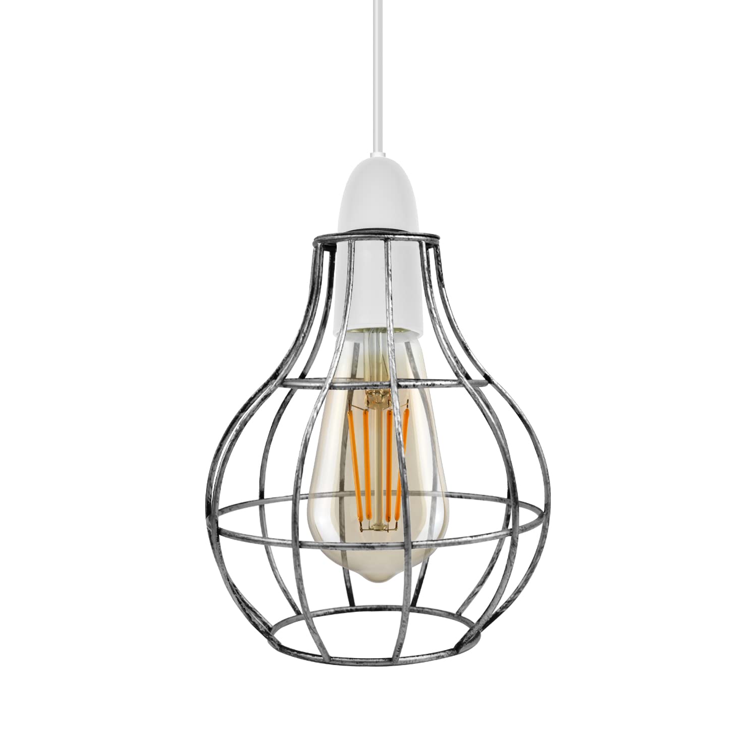 Brushed Silver Metal Wire Cage Ceiling Light Shade Easy Fit Pendant Lampshade, Industrial Vintage Hanging Light Cover for Living Room Bedroom Kitchen Dining Cafe — image 1