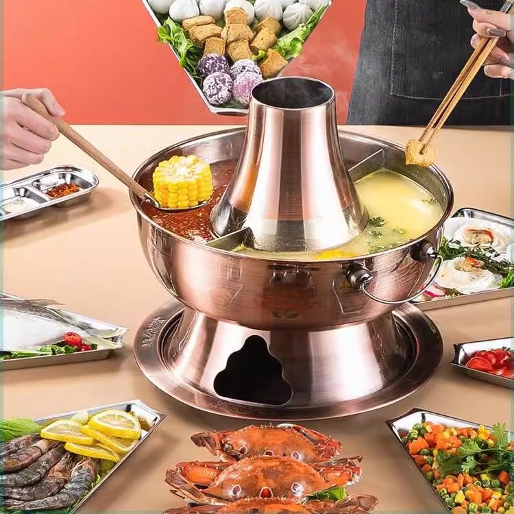 Mongolischer Hot Pot, klarer Suppen-Hotpot und chinesischer Holzkohle-Heiztopf sind geeignet mit Schornstein, mit Undichter Löffel und Löffel,Messing,36CM