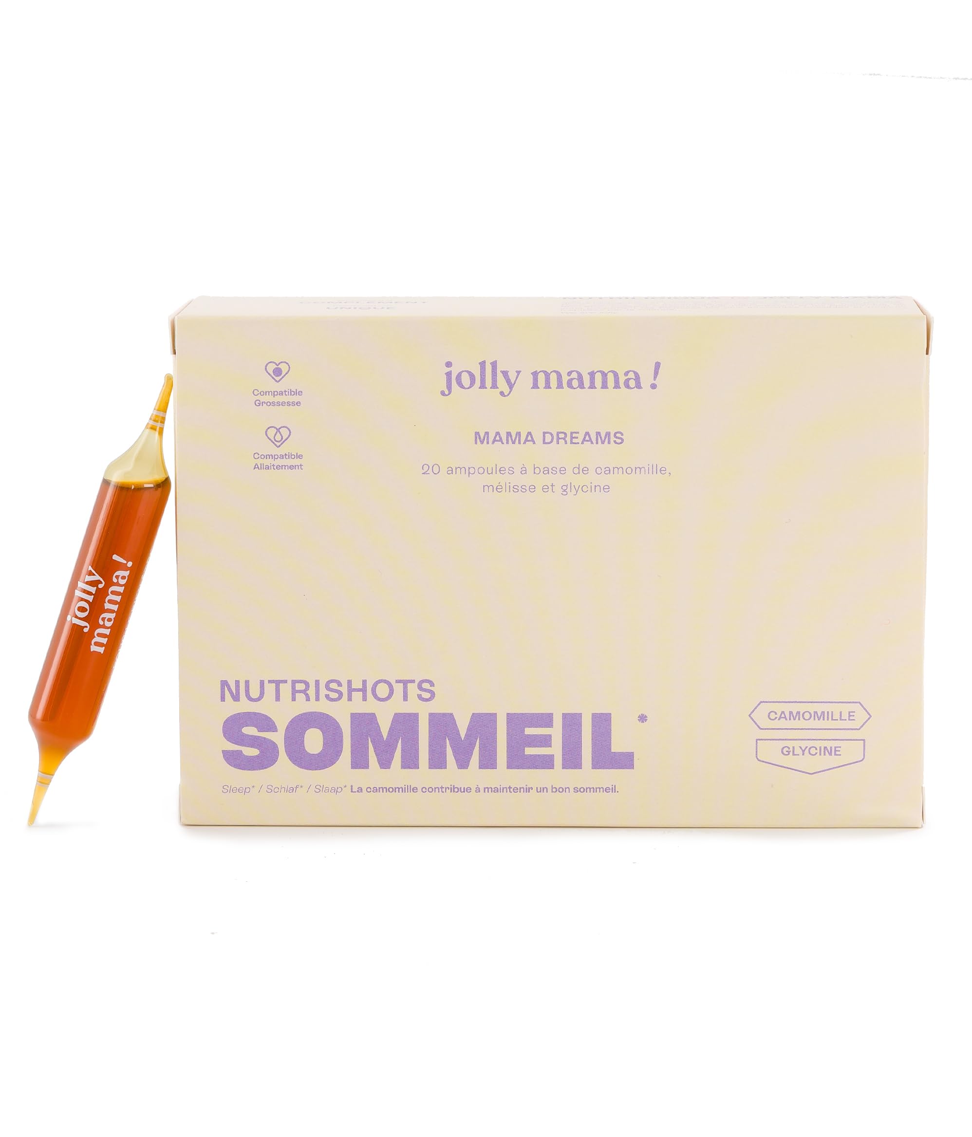 Jolly mama! Mama Dreams | Complément Alimentaire Sommeil | Plantes, Glycine, Mélisse, Camomille | Sans Mélatonine | Compatible Grossesse et Allaitement | Cure 1 Cycle, 20 Ampoules