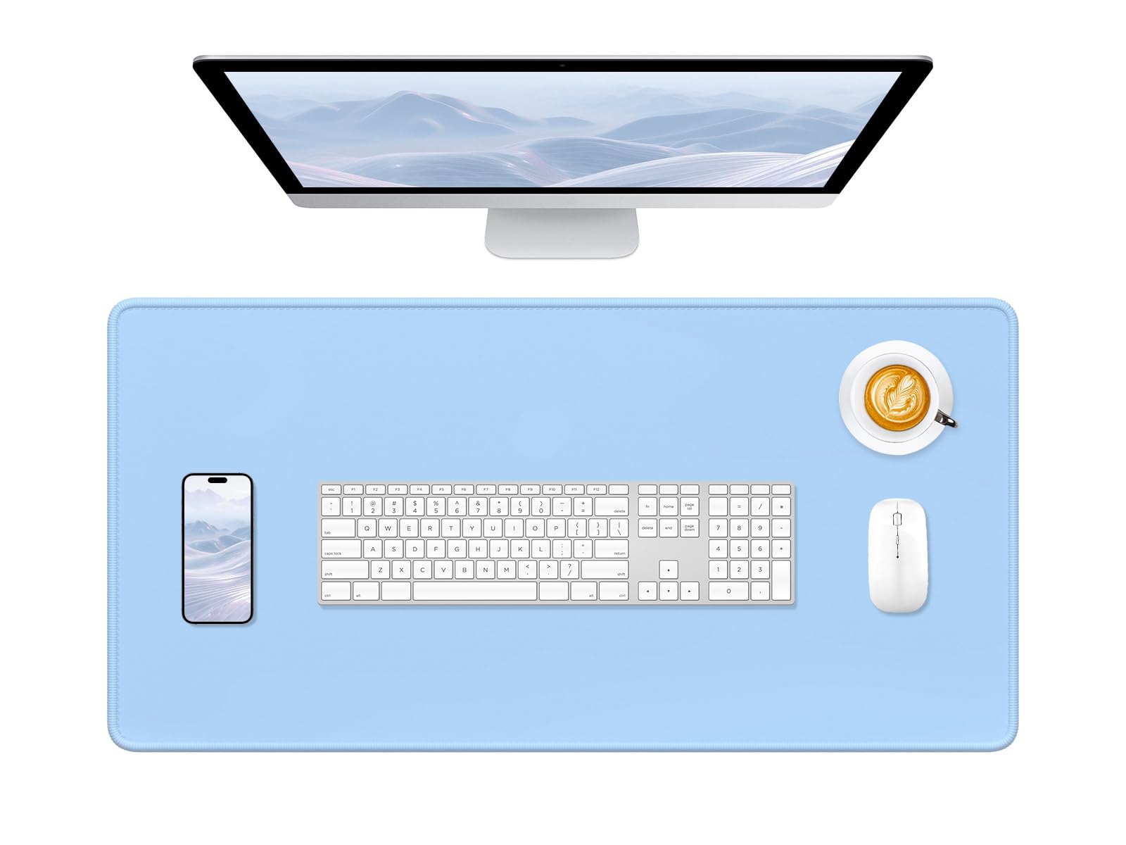 Hsurbtra Desk Pad, 32" x 16" Premium-Textured Desk Mat, Stitched Edge Anti-Slip Waterproof Rubber Mouse Pad, L Extended Computer Mat for Office Gaming Laptop Keyboard Sky Blue