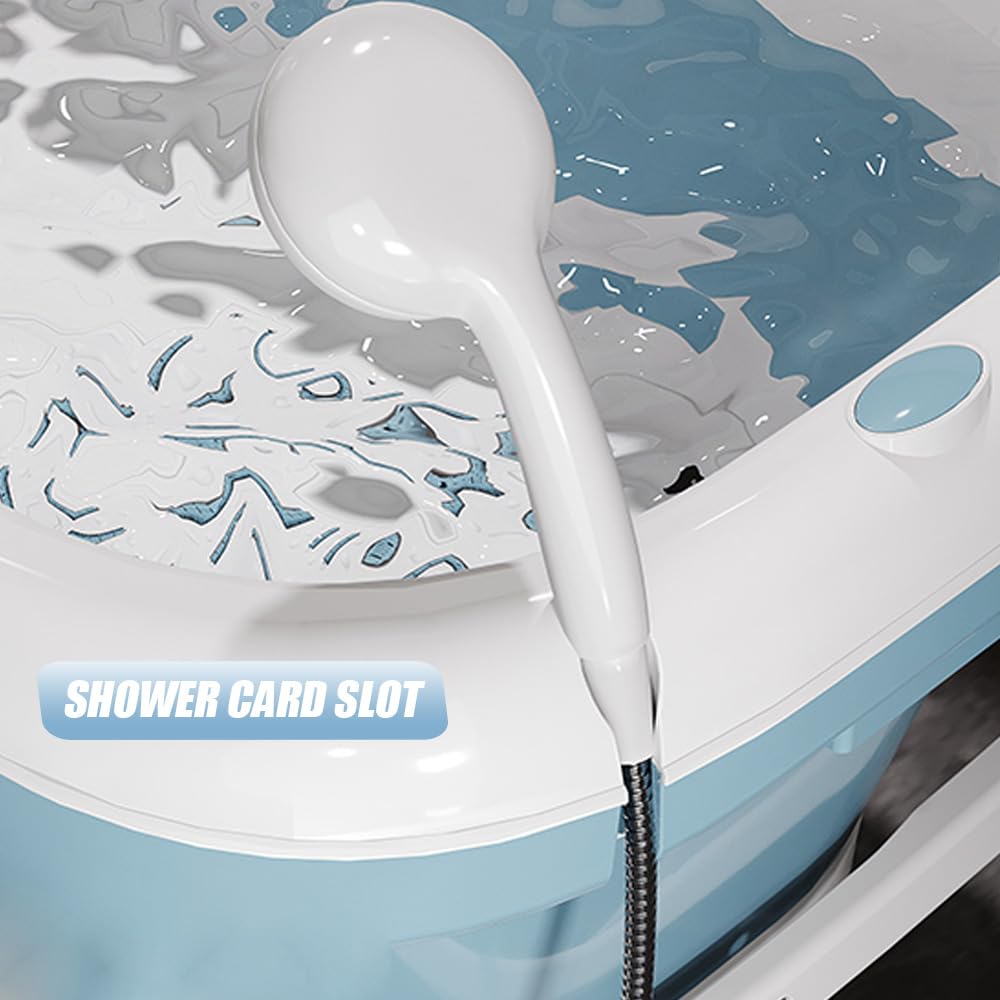 Vasca da bagno pieghevole per adulti - Portatile - Vasca da bagno mobile pieghevole con coperchio e rulli massaggianti - Portasapone - Per bagno e doccia (118 x 60 x 53 cmblu)