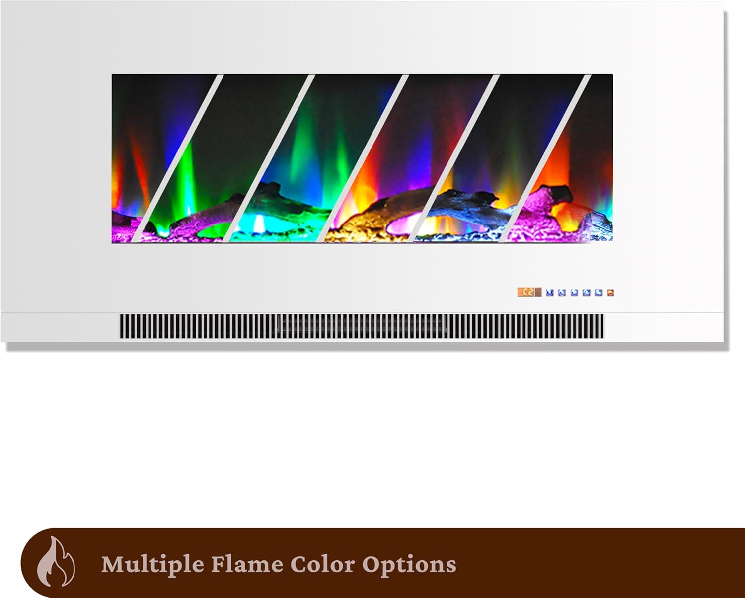 Bag view of the electric fireplace showing the mounting bracket and ventilation slots.