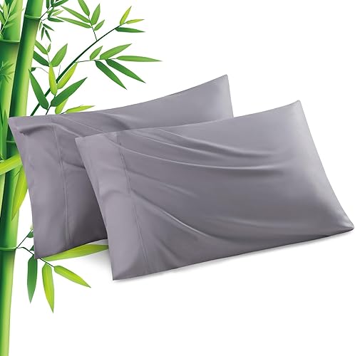 Paquete de 2 fundas de almohada de tamaño estándar, fundas de almohada refrescantes de rayón de bambú gris oscuro con cierre de sobre, funda de