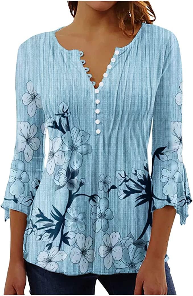 Tunic Tops for Women 3/4 Sleeve Henley V Neck Tops Flowy