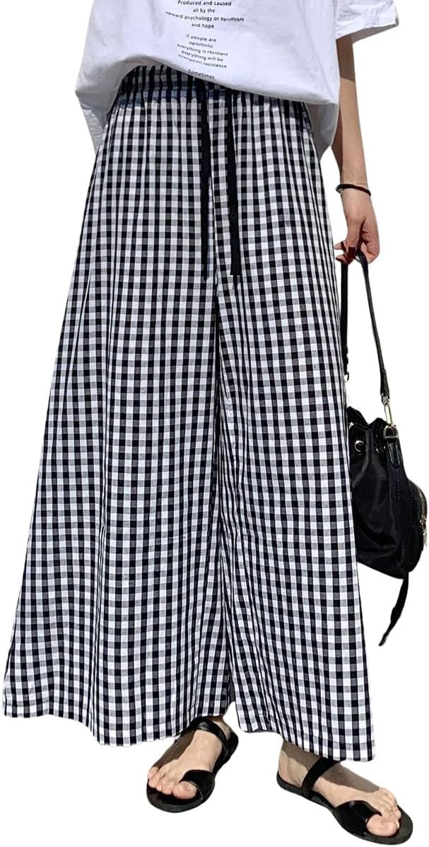 Women's High Waist Plaid Print Cropped Pant Gingham Wide Leg Palazzo Culotte Pants with Drawstring