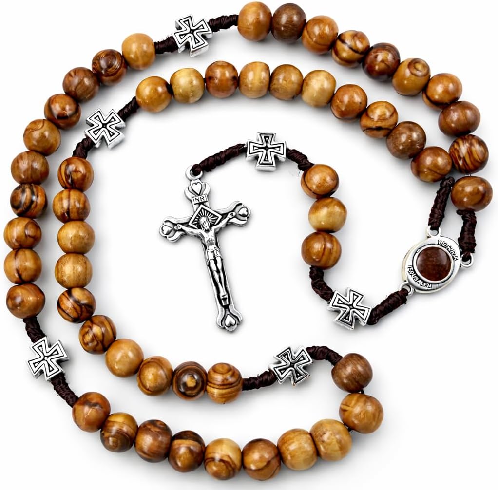 TALISMAN4U Olive Wood Catholic Rosary Prayer Beads with Jerusalem Holy Soil Centerpiece & Certificate Blue Velvet Rosary Pouch