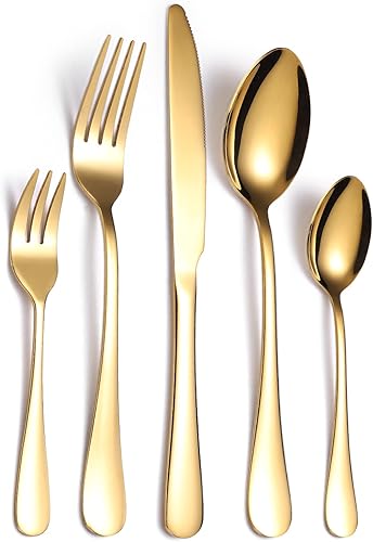 Juego de cubiertos dorados de 20 piezas, juego de utensilios de servir de acero inoxidable, servicio de cubiertos para 4, apto para lavavajillas,