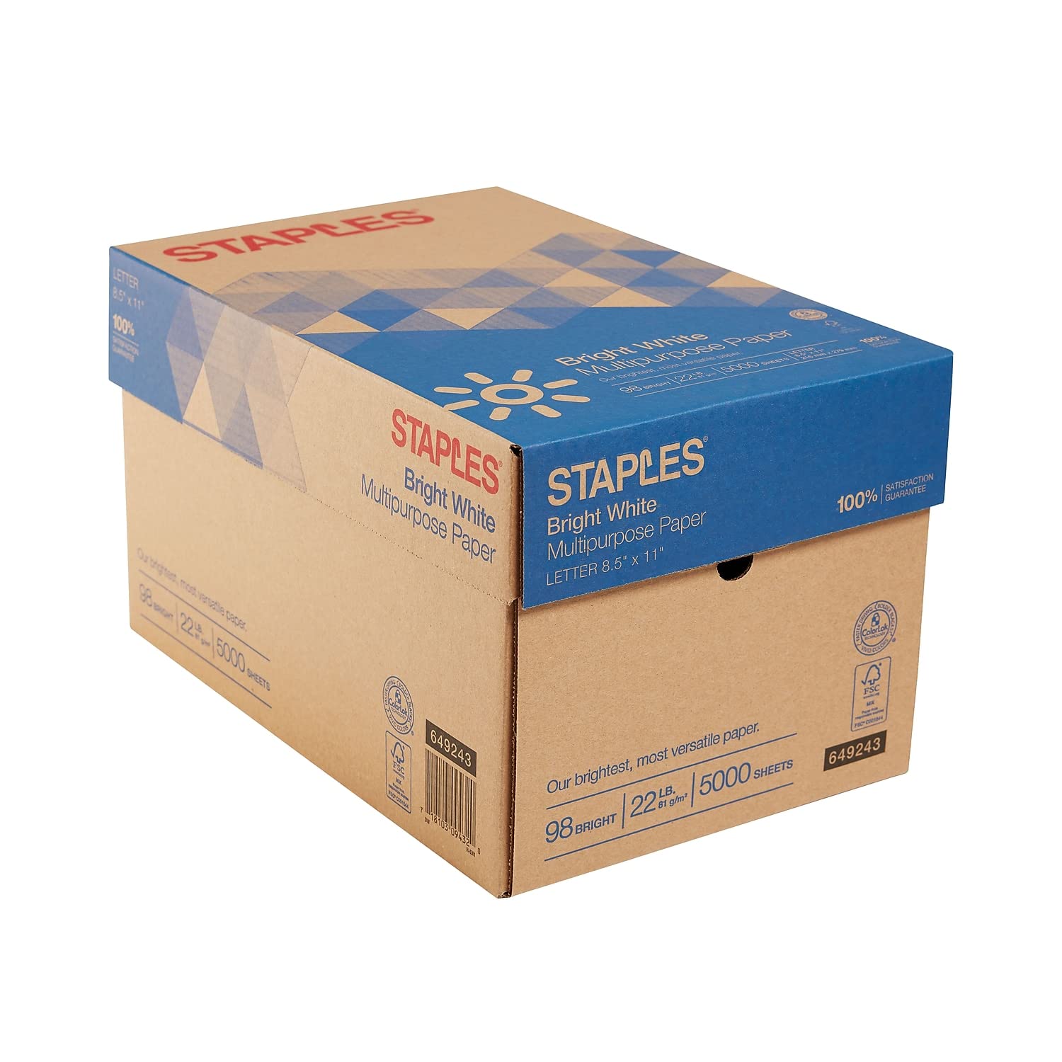 Staples 649243 8.5-Inch x 11-Inch Multipurpose Paper 22 lbs 98 Brightness 500/RM 10 RM/CT