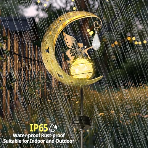 LOVERUIS Solar Garden Lights Outdoor Fairy Moon Lamp Waterproof Moon Garden Solar Light with Crackle Glass Ball LED Stake Lights Angel Decorative for Grave Balcony Lawn Patio Pathway (Fairy) - Image 3