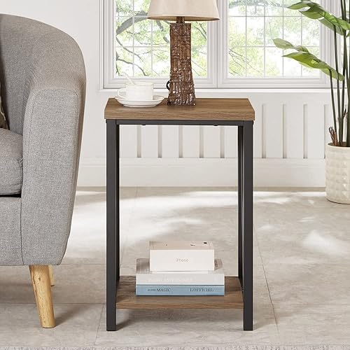 Miniatura 7 de FOLUBAN Mesa auxiliar con estante de almacenamiento, mesa auxiliar rústica para sala de estar, mesita de noche de madera y metal para dormitorio,