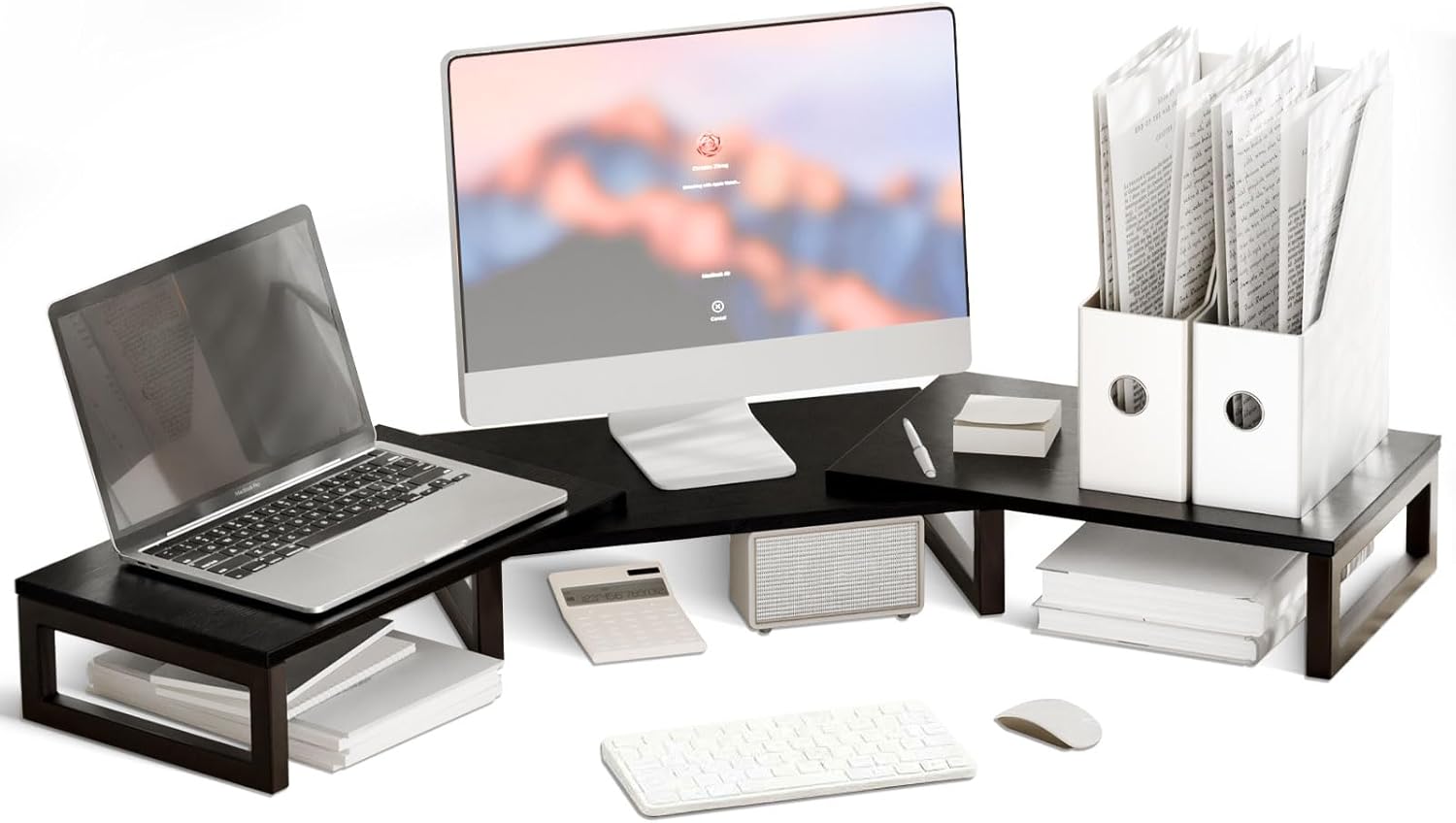 TEAMIX Desk Organizer Dual Monitor Stand Riser, Adjustable Computer Stand 45.5'' Long Desktop Shelf Office Organizer for Laptop,Printer,File,Keyboard Storage Ergonomic Design (White)