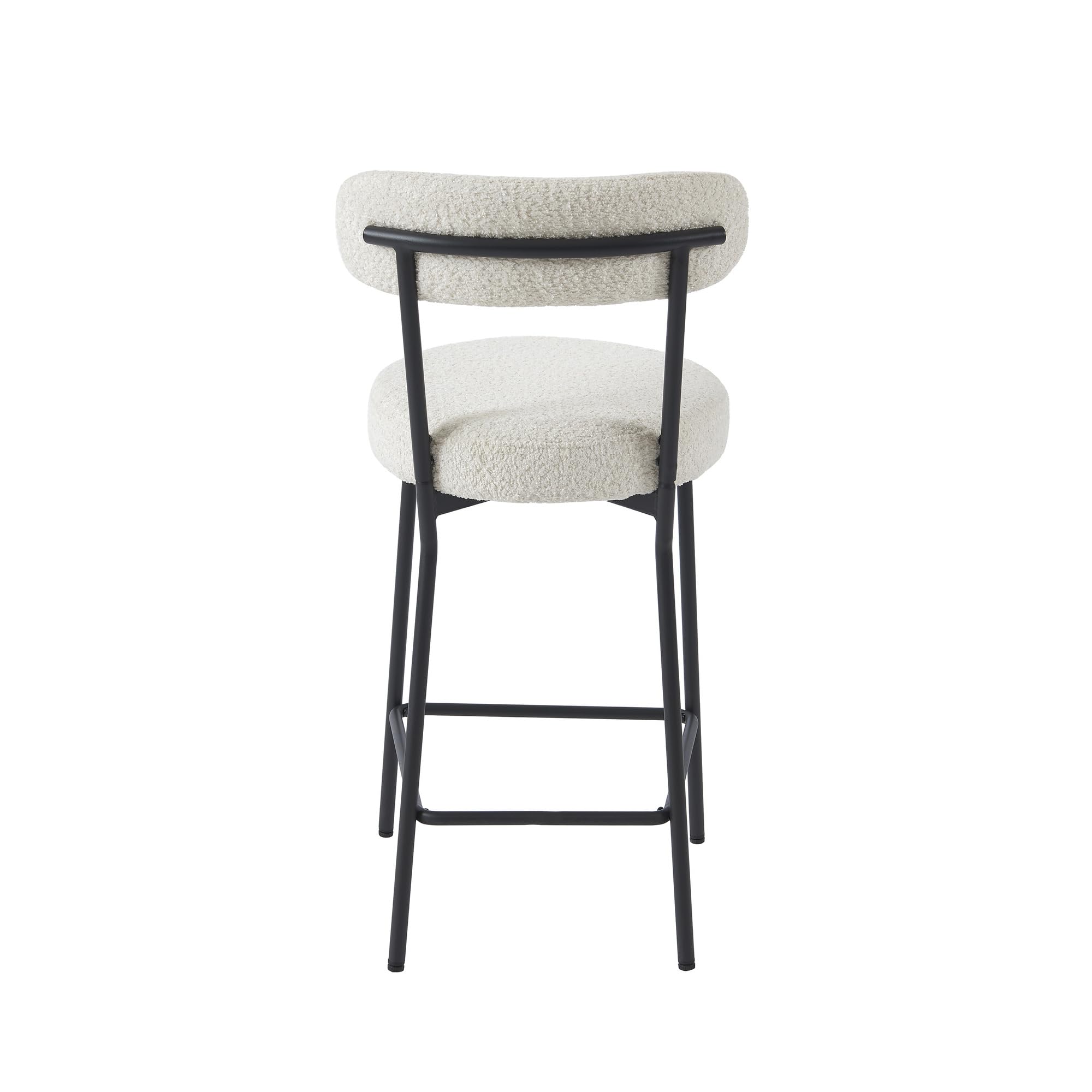 BAÏTA Set di 2 sgabelli da bar NOA in tessuto Bouclette bianco e gambe in metallo nero