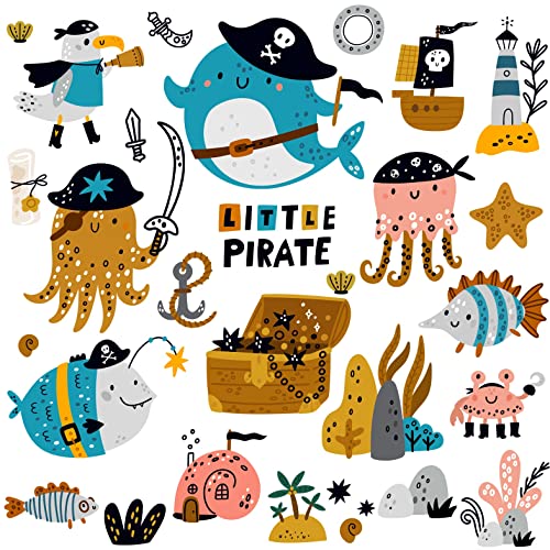 WandSticker4U®- Sticker muraux enfants PIRATES (70x52 cm) I Autocollant mural bateau pirate trésor mer animaux marins I Déco murale chambre enfant garçon...