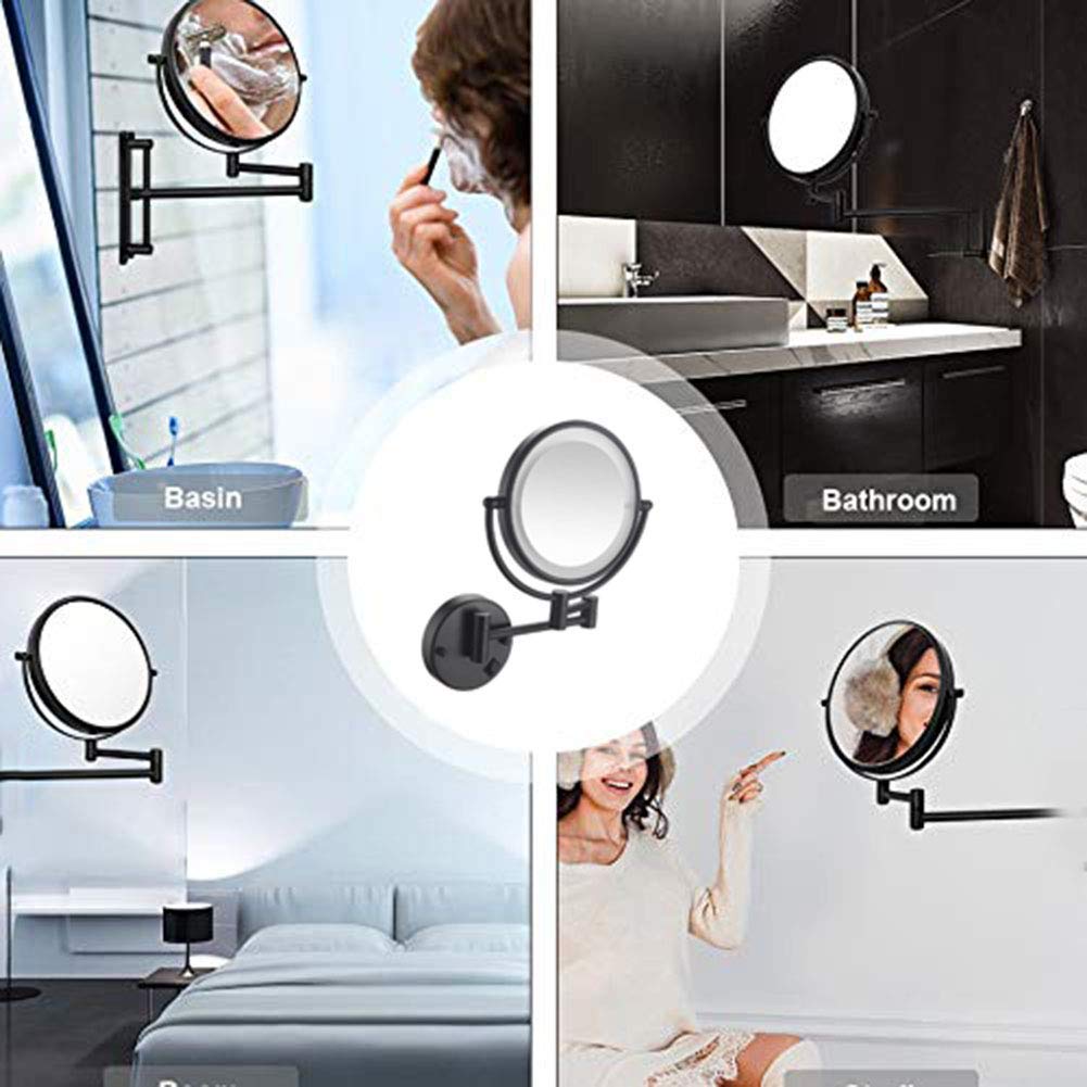 Espejo De Maquillaje De Pared De 8 Pulgadas con Luz Led Y Aumento, Espejo De Tocador Giratorio De Doble Cara para Baño, Rotación De 360 Grados, Cuello De Cisne Flexible Y Ventosa,Matte Black-7x