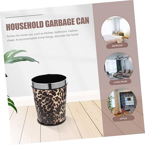 Miniatura 8 de Healifty Cubo de basura para baño, diseño de anillo de acero inoxidable, diseño de leopardo, cubo de papel para el hogar, papelera de oficina