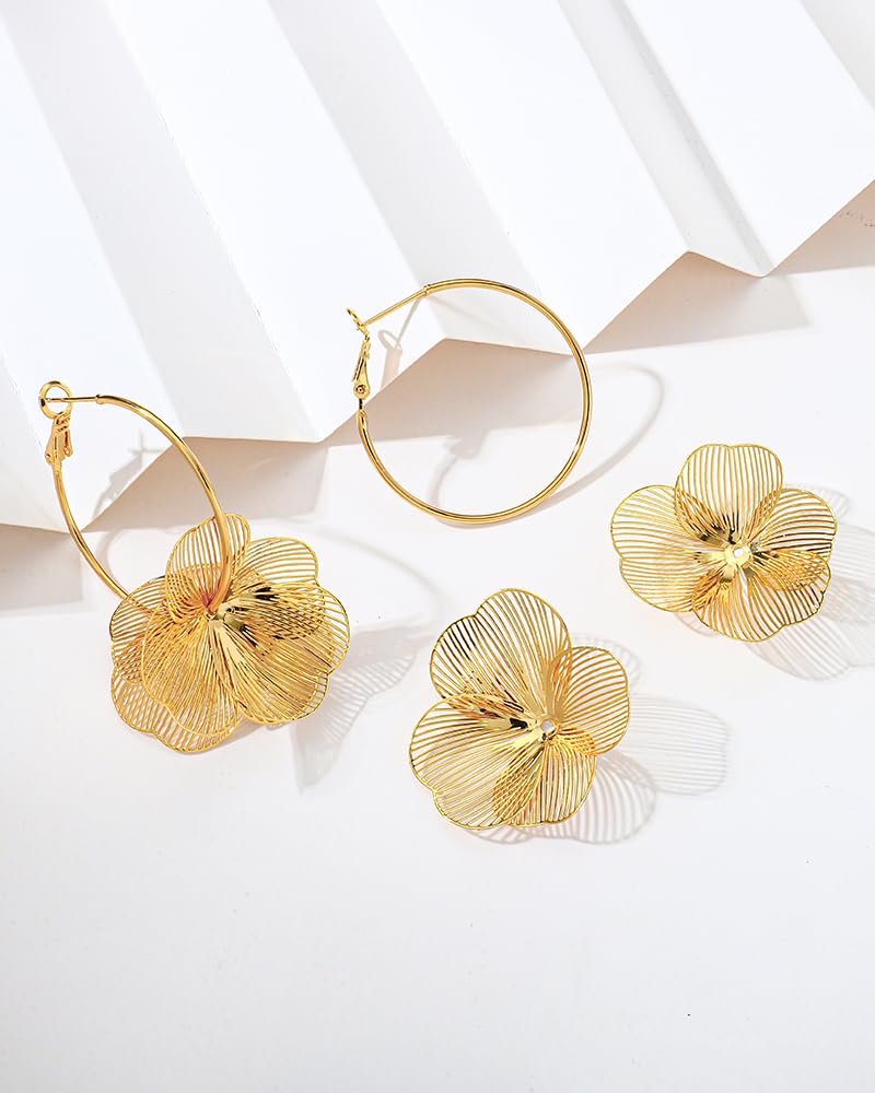 Mothers Day Gifts Large Flower Dangle Earrings for Women Lightweight Statement Earrings with Thin Hoop Detachable Boho Floral Design in Gold & Silver Trendy Jewelry for Daily & Party Wear Summer Earrings Gift - 5