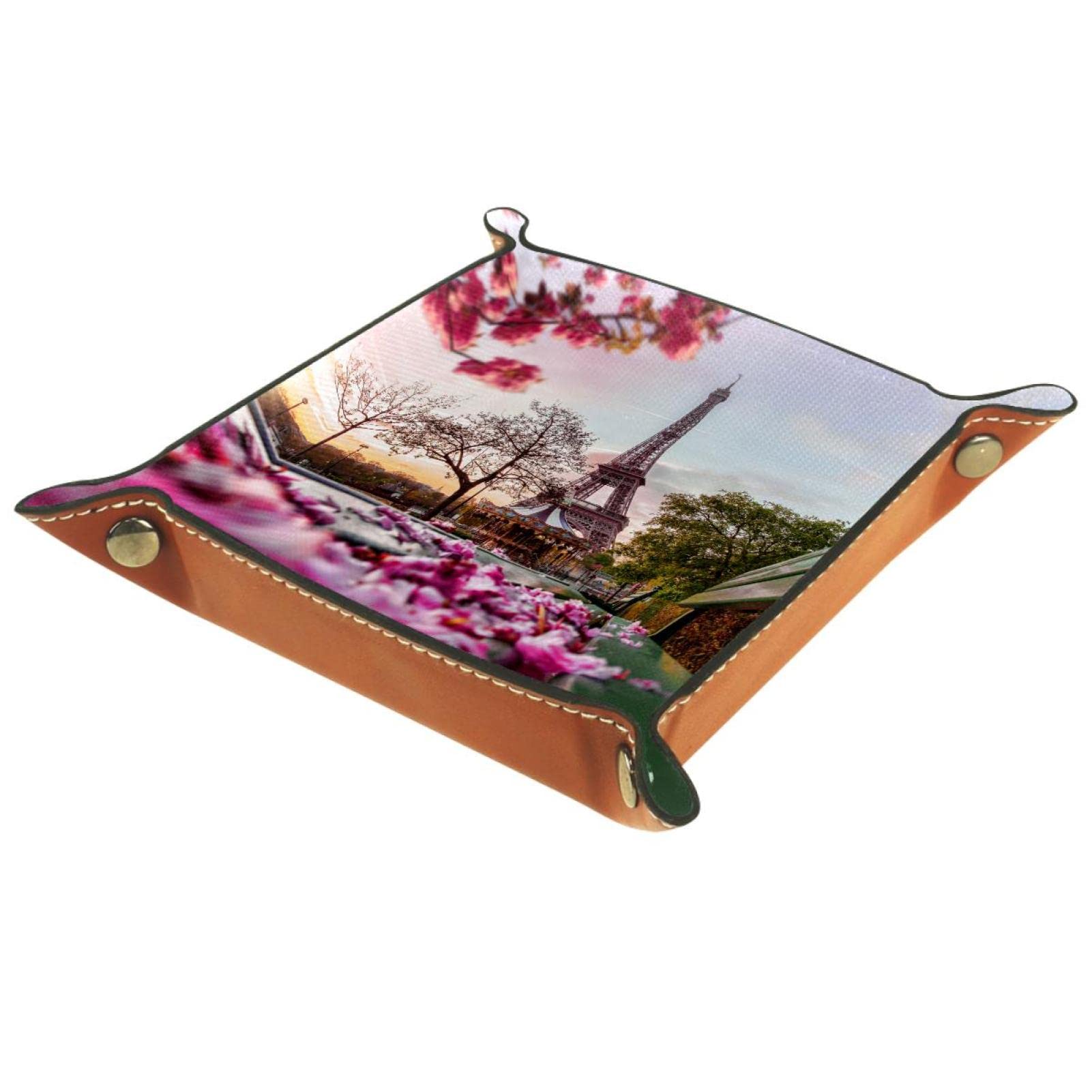 Leather Tray Small Storage Box Mens Valet Tray 5.7x5.7 Inch Key Bowl for Coin Watch Jewelry, Eiffel Tower Paris