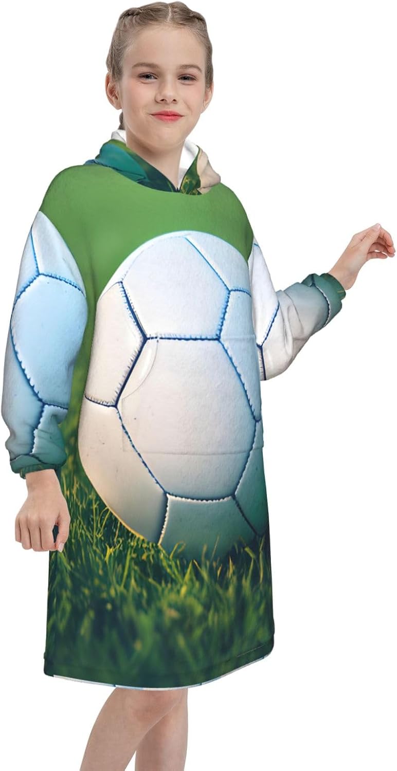 Green Soccer Ball On Grassy Print Oversized Blanket Hoodie, Wearable Blanket Hooded,Hooded Pullover With Pocket