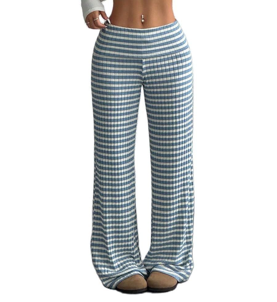 Women Striped Fold Over Pants Y2k Elastic Low Rise Wide Leg Pants Casual Lounge Gingham Sweatpants