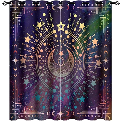 Kazynee Bohemian Sun Moon Ultra Soft Premier Blackout Curtains,Indian Neon Design Hippie Mandala Tie DyeThermal Insulated Bedroom Noise Reducing Patio Door Grommet Top,2 Panels 63L x 27.5W