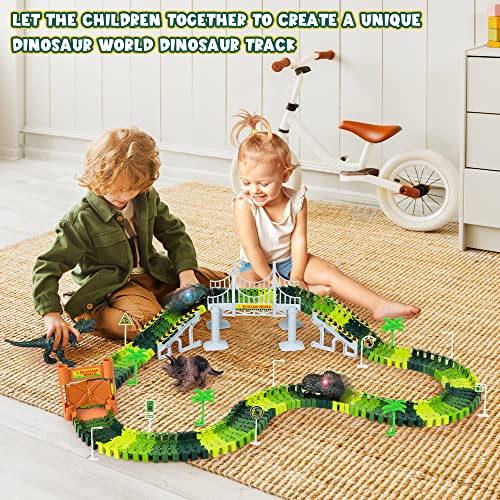 Dinosaur Tracks, 185 Pcs Create A Dinosaur World Road Race For Kids Boys Toys Flexible Train Tracks Set And 2 Cool Dinosaurs Cars Dinosaur Toys For Age 3 4 5 6 7 8 Year & Up Old Boy Girls Best Gift #TOP5