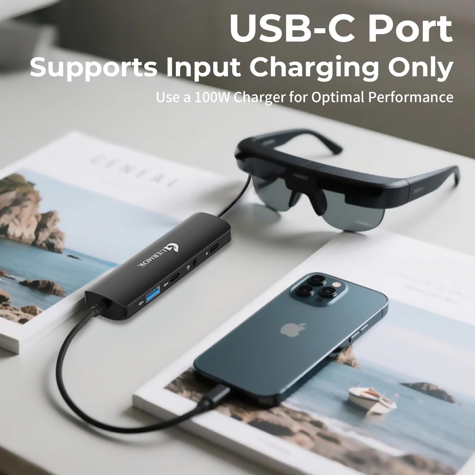 Guermok Adaptador 5 en 1 USB-C para Gafas AR, 100W PD, 8K@60Hz, USB/Tybe-C – Compatible con X Real Air/2 Pro/One, Ray Neo, Rokid, Switch, Phone 15/16 – Negro