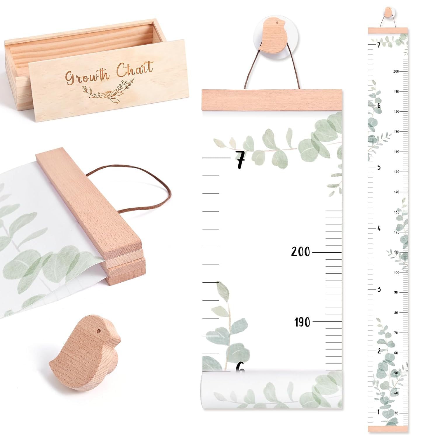 Growth Chart for Wall 7 Ft Height Chart with Keepsake Box & Hook Waterproof Canvas Measure Wall Ruler Removable Neutral Nursery Wall Decor for Baby Kids Toddlers - Green-Bird