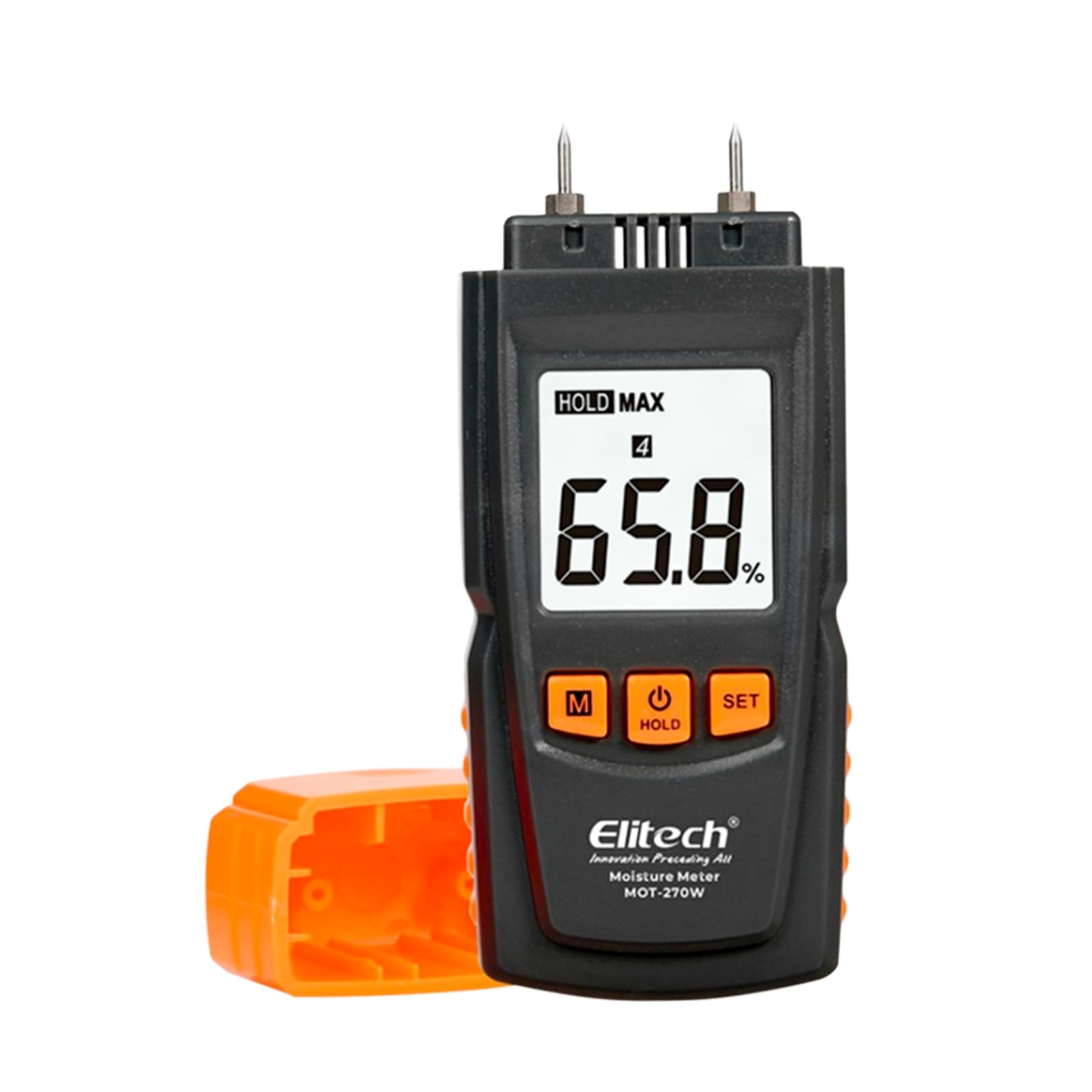Elitech Digital Moisture Meter Water Leak Detector with Pin Probes, Moisture Tester for Wood Floors Walls with 4 Wood &amp; Material Modes, Hold Function, Max/Min Reading MOT-270W