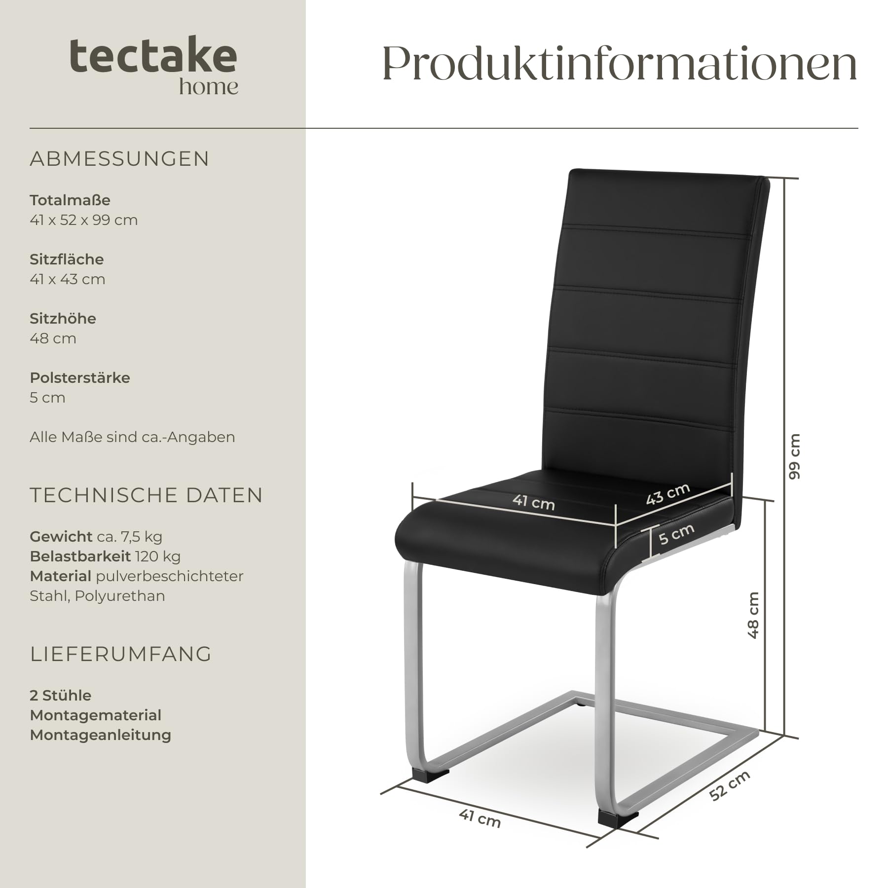 tectake® 2er Set Esszimmerstühle modern, ergonomischer Stuhl für Esszimmer, Besucherstuhl, Möbel für Küche, Esstisch, Küchenstühle, Freischwinger Essstühle, hohe Rückenlehne - schwarz