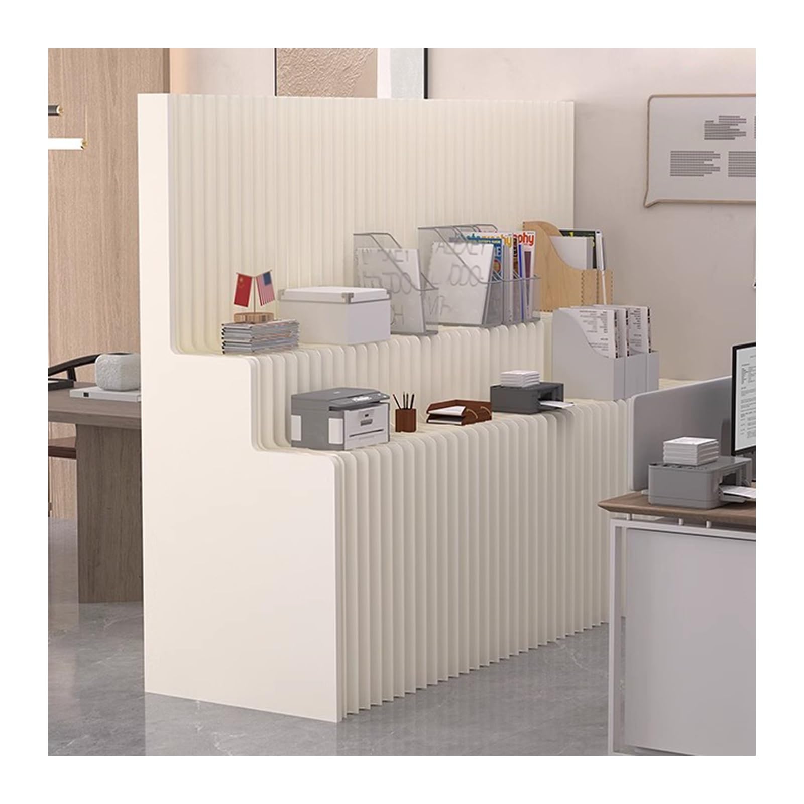 Biombo Separador Retractable Room Divider Portable Paper Wall 2-Layer Storage Display Rack, Folding Paper Room Divider Privacy Partition Screen for Indoor(4x1.8m/13.12x5.9ft)
