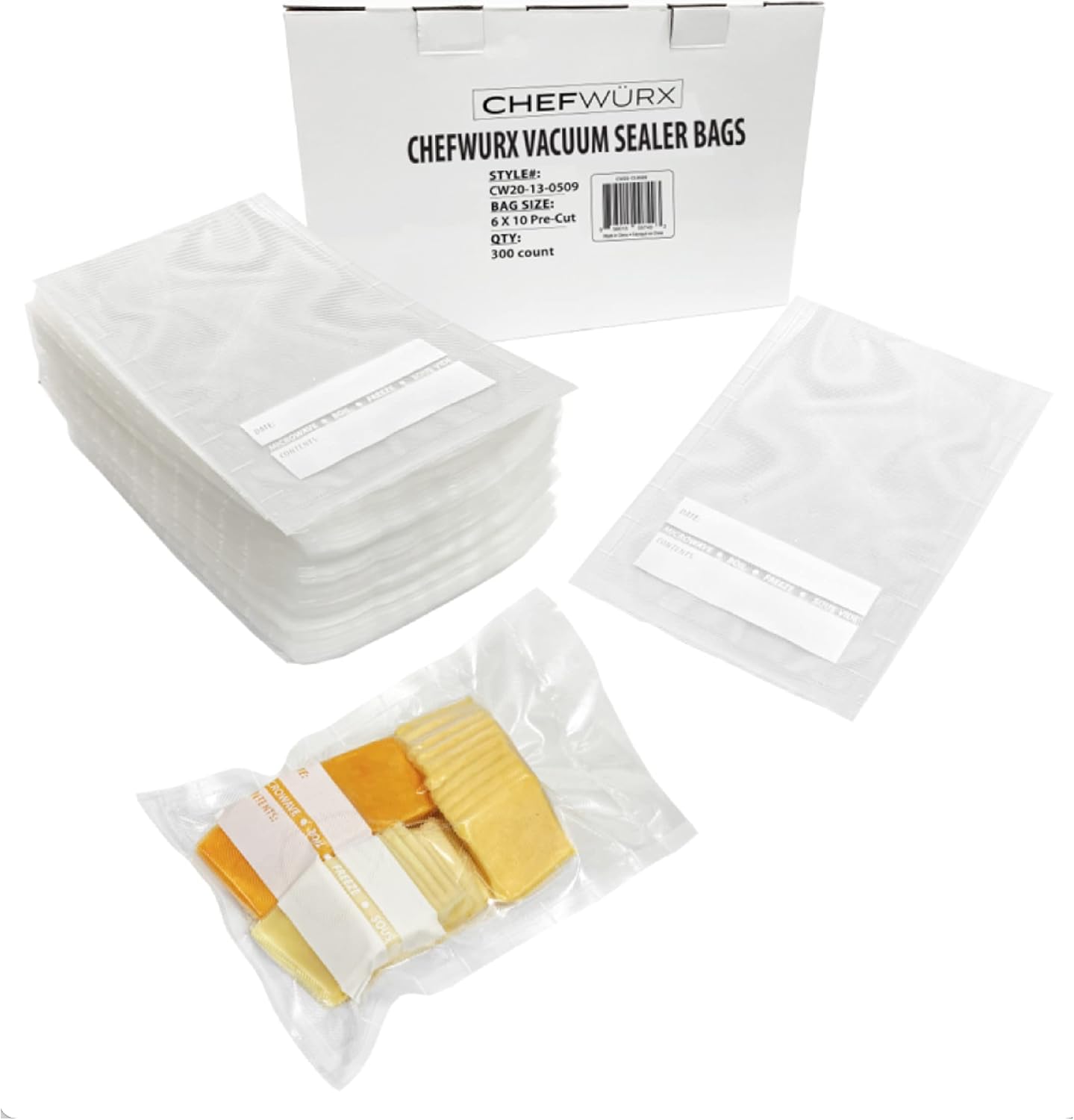 Chefwurx Pre-Cut Vacuum Sealer Bags – 300 Pint Bags for Food Saver – BPA-Free Vacuum Seal Bags, Microwave, Freezer and Boil Safe, Compatible with Most Vacuum Seal Machines (6” x 10”)